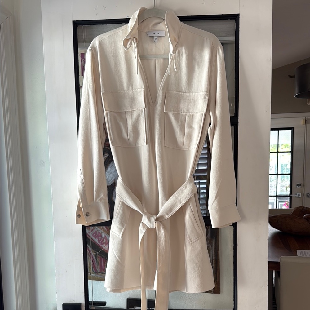 Reiss Cream Long-Sleeve Dress with Belt